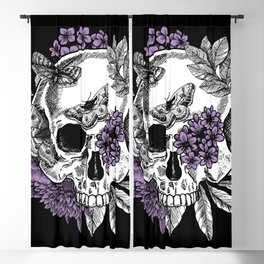Skulls and Flowers Black White Purple Violet Rock and Roll Gothic Horror Blackout Curtain