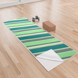 [ Thumbnail: Green, Grey, Teal & Light Yellow Colored Striped Pattern Yoga Towel ]