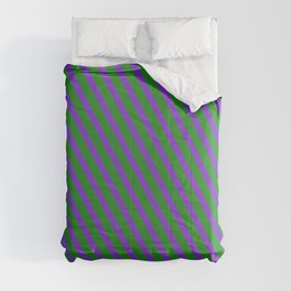 [ Thumbnail: Purple & Forest Green Colored Lined Pattern Comforter ]