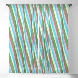 [ Thumbnail: Colorful Brown, Light Sky Blue, Dark Turquoise, Light Yellow & Green Colored Lined/Striped Pattern Sheer Curtain ]