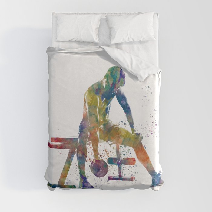 Young woman practices gymnastics in watercolor Duvet Cover