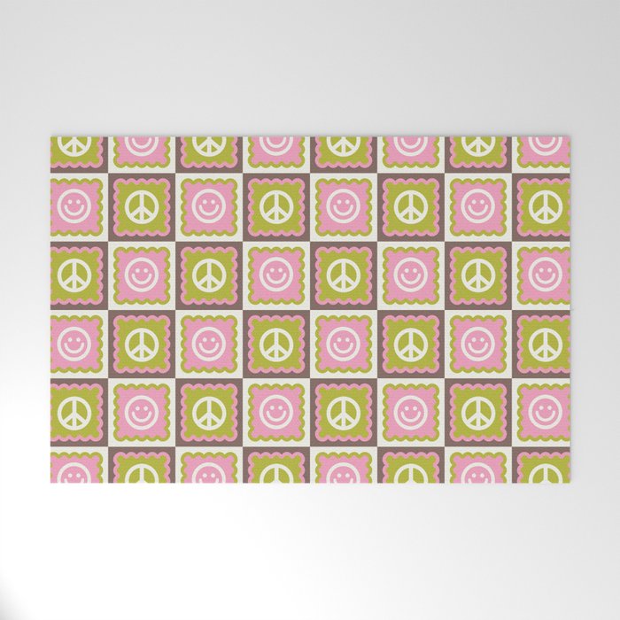 Funky Checkered Smileys and Peace Symbol Pattern  Welcome Mat