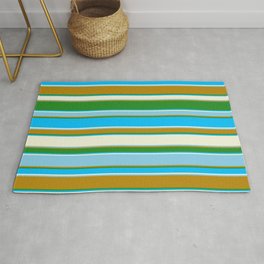 [ Thumbnail: Forest Green, Deep Sky Blue, Beige, Sky Blue, and Dark Goldenrod Colored Striped/Lined Pattern Rug ]
