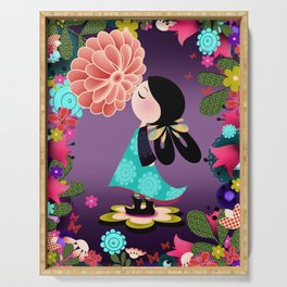 Cute Girl in Japanese Flower Garden Serving Tray