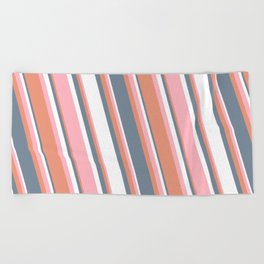 [ Thumbnail: Light Pink, Dark Salmon, Light Slate Gray & White Colored Striped Pattern Beach Towel ]