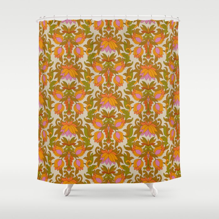Orange Pink Flowers And Green Leaves, Orange Patterned Shower Curtains