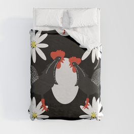Black Roosters And White Flowers Retro Mood #decor #society6 #buyart Duvet Cover