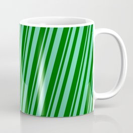 [ Thumbnail: Aquamarine and Dark Green Colored Pattern of Stripes Coffee Mug ]