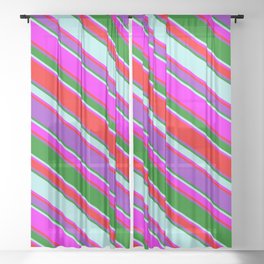[ Thumbnail: Eyecatching Fuchsia, Red, Dark Orchid, Green & Turquoise Colored Lined Pattern Sheer Curtain ]