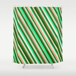 [ Thumbnail: Vibrant Green, Beige, Light Salmon, Dark Olive Green & Dark Green Colored Striped/Lined Pattern Shower Curtain ]