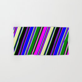 [ Thumbnail: Eye-catching Fuchsia, Blue, Pale Goldenrod, Green, and Black Colored Pattern of Stripes Hand & Bath Towel ]