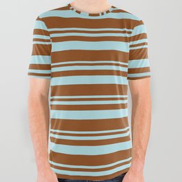 [ Thumbnail: Powder Blue & Brown Colored Striped Pattern All Over Graphic Tee ]