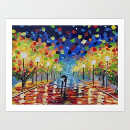 Rainy Autumn Impressionism Painting Art Print | Daughter, Colourful, Child, Rain, Leaves, Painting, Curated, Umbrella, Bright, Vibrant 