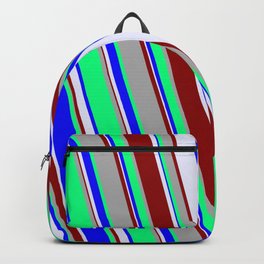 [ Thumbnail: Green, Blue, Lavender, Dark Red, and Dark Gray Colored Stripes Pattern Backpack ]