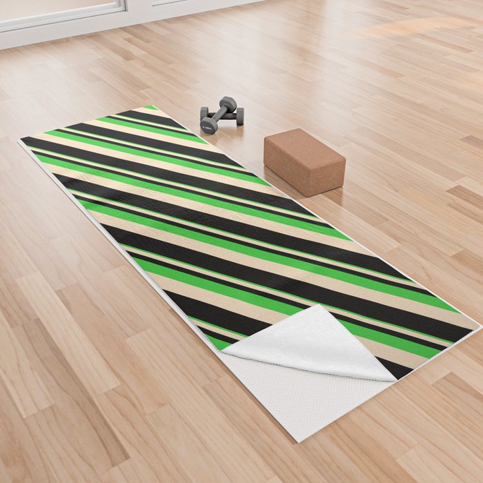 Lime Green, Bisque & Black Colored Lines Pattern Yoga Towel