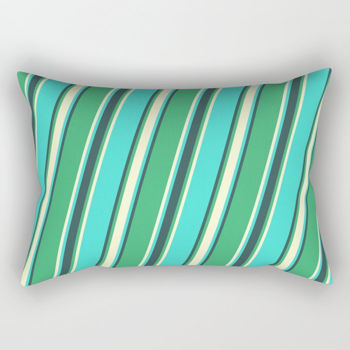 Sea Green, Light Yellow, Turquoise, and Dark Slate Gray Colored Striped Pattern Rectangular Pillow