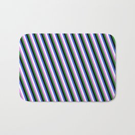 [ Thumbnail: Eye-catching Royal Blue, White, Violet, Forest Green, and Black Colored Pattern of Stripes Bath Mat ]