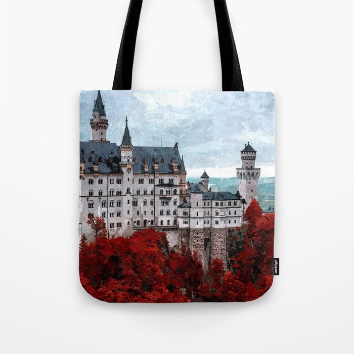 The Castle of Mad King Ludwig, Autumn, Neuschwanstein Castle, Bavaria, Germany landscape painting Tote Bag