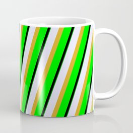 [ Thumbnail: Eyecatching Lavender, Goldenrod, Lime, Black, and Green Colored Lines Pattern Coffee Mug ]