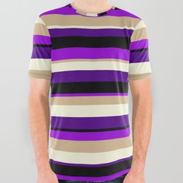 [ Thumbnail: Colorful Black, Dark Violet, Tan, Beige, and Indigo Colored Lined/Striped Pattern All Over Graphic Tee ]