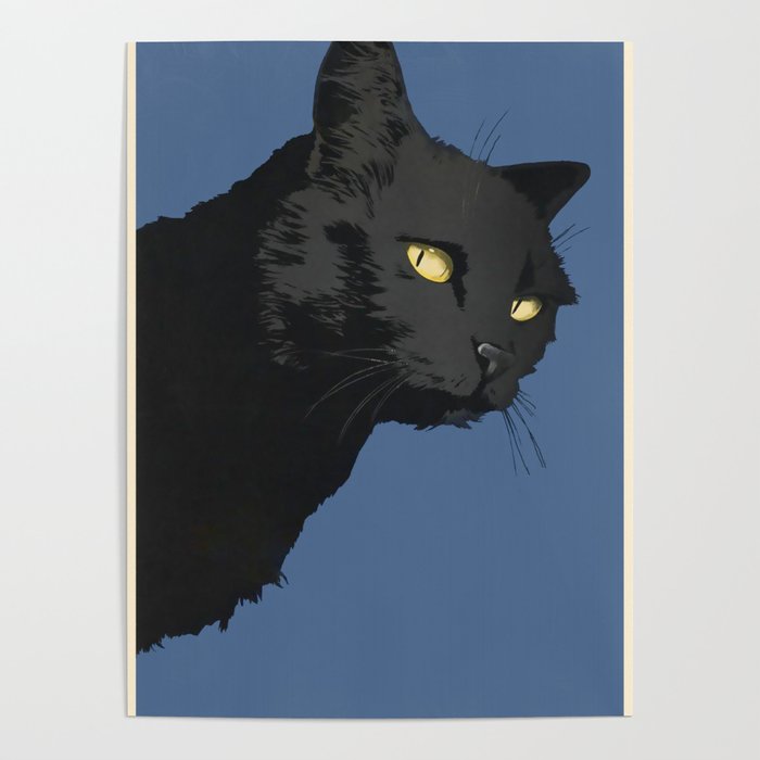 Vintage Black Cat With Yellow Eyes On Blue Background Poster