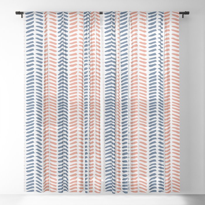 Coral & Navy Herringbone Sheer Curtain