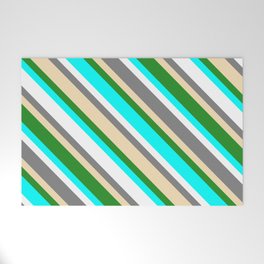 [ Thumbnail: Colorful Grey, Tan, Forest Green, Aqua & White Colored Pattern of Stripes Welcome Mat ]