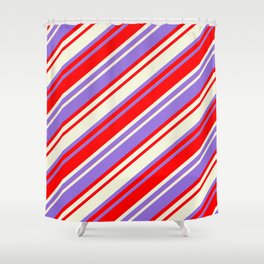 [ Thumbnail: Purple, Red, and Beige Colored Striped Pattern Shower Curtain ]