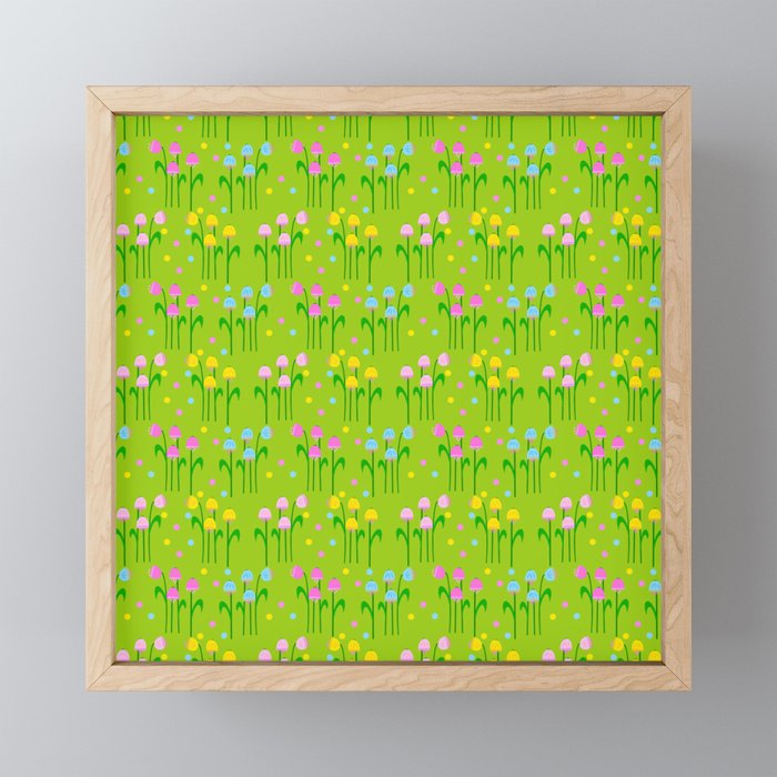 Mini Sweet Blue Bells Flowers Meadow Spring Colors Flowers In Pink, Turquoise And Bright Yellow With Polka Dots Retro Modern Ditzy Scandi Floral Pattern On A Grass Green Field Framed Mini Art Print