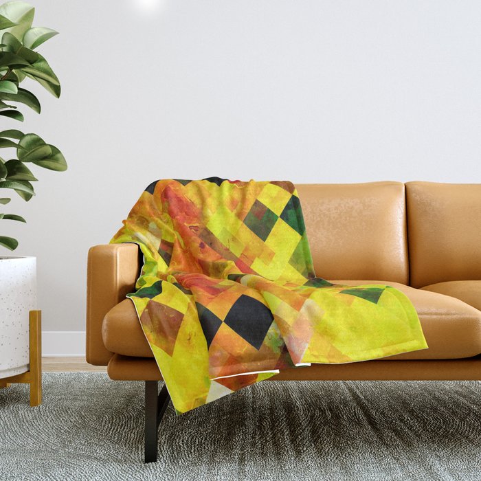 geometric pixel square pattern abstract background in yellow brown green Throw Blanket