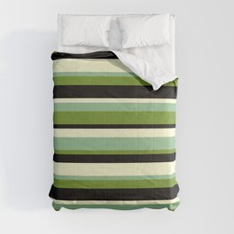 [ Thumbnail: Dark Sea Green, Green, Black & Light Yellow Colored Striped/Lined Pattern Comforter ]