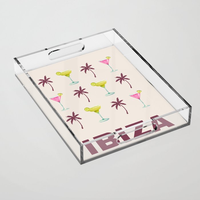 Ibiza Vacations Retro Illustration Modern Art Decor Boho Light Pink Aesthetic Acrylic Tray