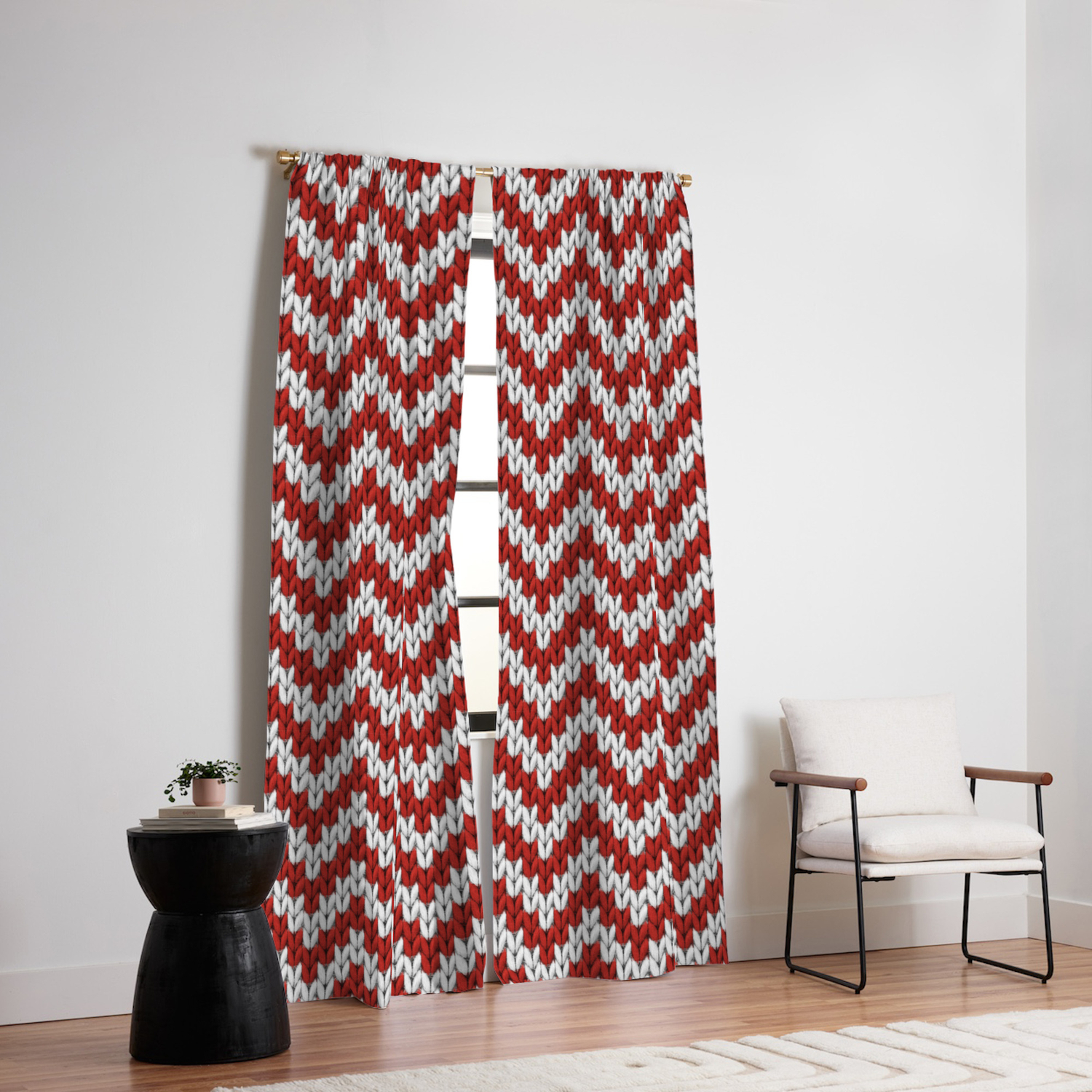 Red Christmas Knitted Chevron Large Scale Blackout Curtain By