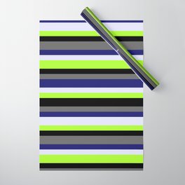 [ Thumbnail: Eyecatching Midnight Blue, Lavender, Light Green, Black, and Dim Gray Colored Stripes/Lines Pattern Wrapping Paper ]