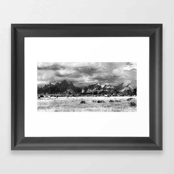 Horse and Grand Teton (Black and White) Framed Art Print