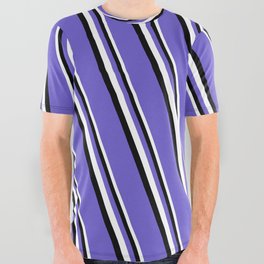 [ Thumbnail: White, Black & Slate Blue Colored Stripes Pattern All Over Graphic Tee ]