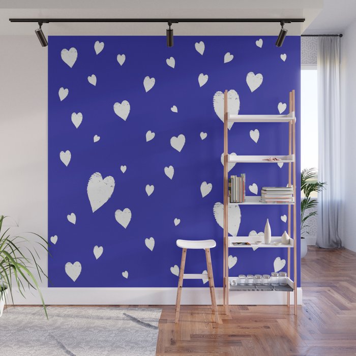 Hand-Drawn Hearts (White & Navy Blue Pattern) Wall Mural