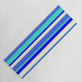 [ Thumbnail: Royal Blue, Turquoise, Blue & Beige Colored Lined Pattern Yoga Mat ]