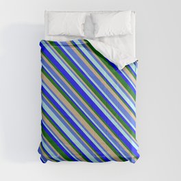 [ Thumbnail: Eye-catching Tan, Royal Blue, Turquoise, Blue & Dark Green Colored Pattern of Stripes Comforter ]