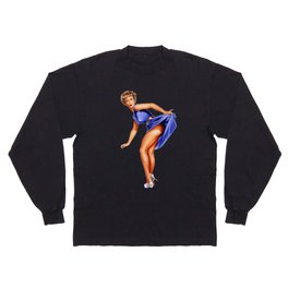 Sexy Blonde Vintage Pinup In Blue Dress Long Sleeve T-shirt