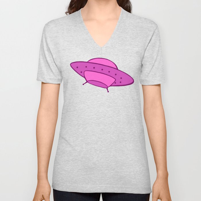 Pink Alien Space UFO V Neck T Shirt