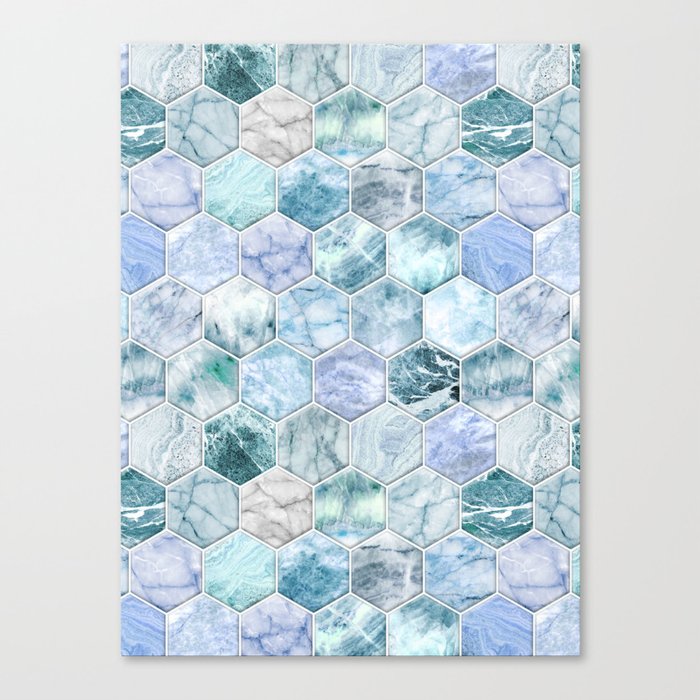 Ice Blue and Jade Stone and Marble Hexagon Tiles Canvas Print