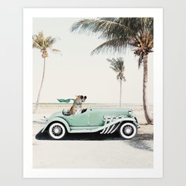 Leopard in retro car with scarf and sunglasses Art Print