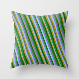 [ Thumbnail: Vibrant Purple, Light Sky Blue, Dark Goldenrod, Dark Green, and Forest Green Colored Lines Pattern Throw Pillow ]