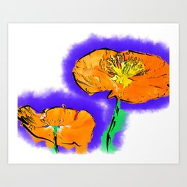The Orange Poppy Pair Art Print | Digital, Flowers, Floral, Flowerblossoms, Botanical, Poppy, Poppyblooms, Orange, Watercolor, Orangepoppies 