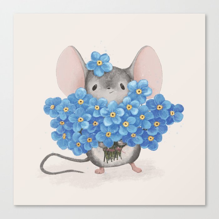 Sweet mousy with a bouquet of forget-me-nots Canvas Print