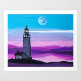 Lighthouse Shining a Light Below a Moon Art Print