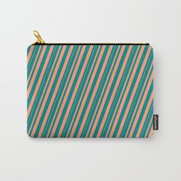 [ Thumbnail: Teal and Light Salmon Colored Pattern of Stripes Carry-All Pouch ]