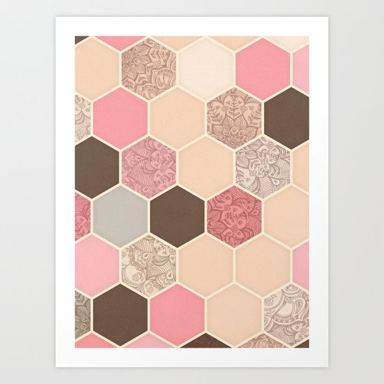 Caramel, Cocoa, Strawberry & Cream Hexagon & Doodle Pattern Art Print