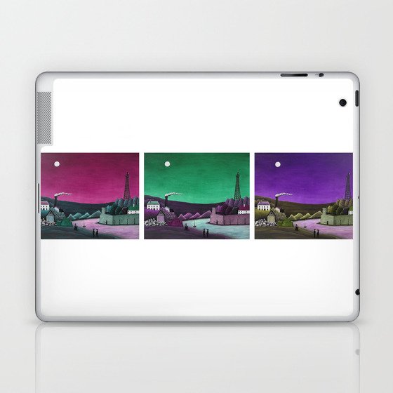 3 piece colorful collage of Moon on the River Seine, Paris, France in four colors landscape painting by Henri Rousseau; La Seine à Suresnes Laptop & iPad Skin